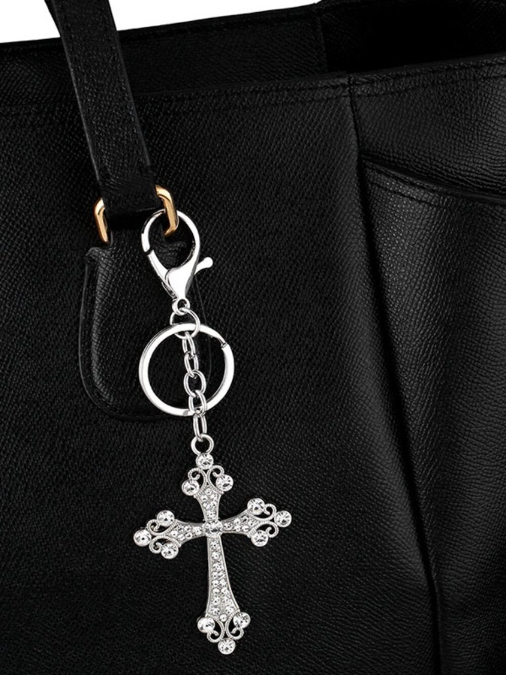 5/$20 New Rhinestone Crystal Cross Keychain Bag Charm Silver